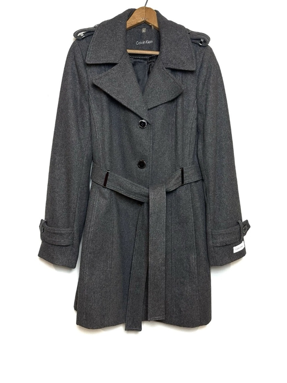 Calvin Klein Wool Blend Trench Coat Gray Belted Classic